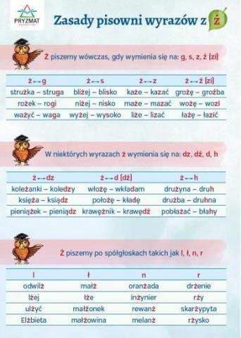 Plansza ortograficzna "Zasady pisowni wyrazów z Ż"