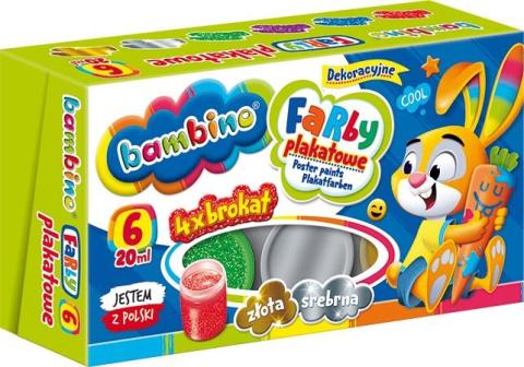 Farby plakatowe 6 kolorów brokatowych 20ml BAMBINO