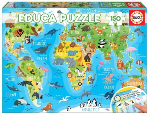 Puzzle 150 Mapa świata dla dzieci (Zwierzęta) G3