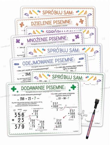 Plansze edu A4 - liczenie pisemne +pisak 4 karty