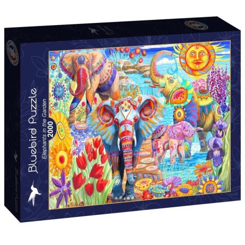 Puzzle 2000 Kolorowe słonie w ogrodzie