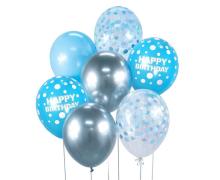 Balony B&C srebrno-niebieski Happy Birthday 7szt